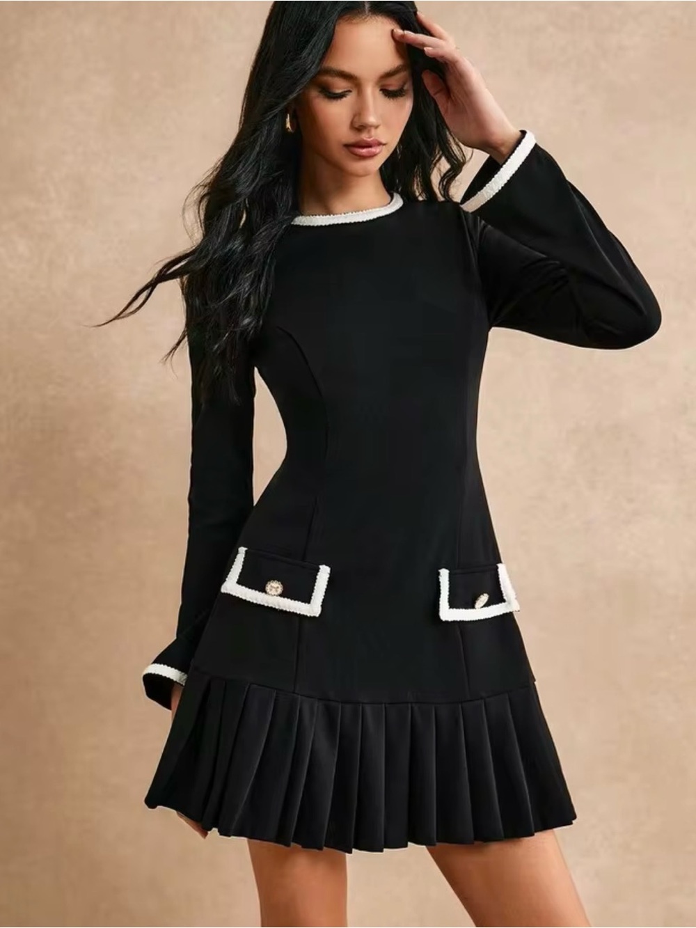 SHEIN Black Long-Sleeve Pleated Hem Dress with White Trim